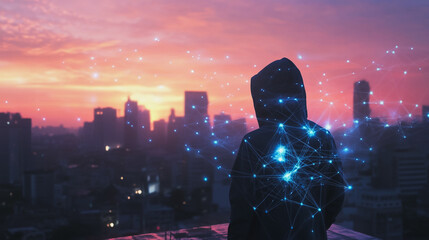 Hacker are planning to hack and attack networks and cyber security systems.Smart digital city with connection Innovation network reciprocity over the cityscape