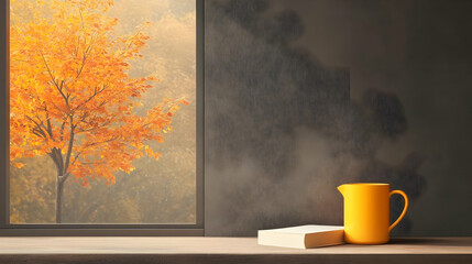 Autumn Window View with Book and Pitcher on Wooden Table