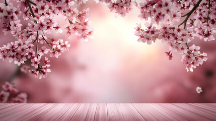 Fototapeta premium Pink blossoms frame a soft, romantic background with a wooden table below, perfect for spring displays.