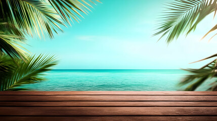 Tropical Beach Scene with Wooden Deck and Palm Leaves Framing the Turquoise Ocean