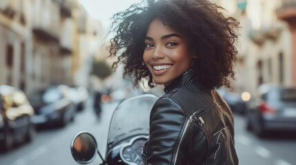 Afro woman in black leather jacket sitting on a motorbike at city street