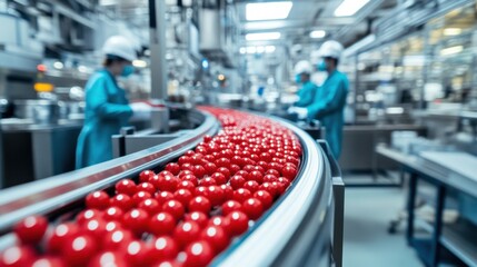 Obraz premium Conveyor Belt of Red Spheres in a Modern Factory
