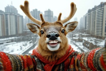 Fototapeta premium Happy cute adult animal elk in winter warm clothes, icy air from nose and mouth in cold air. Zoo animal support. Witty animals. Funny animal outfits. Wild life campaign ads. Zoo rescue ad.