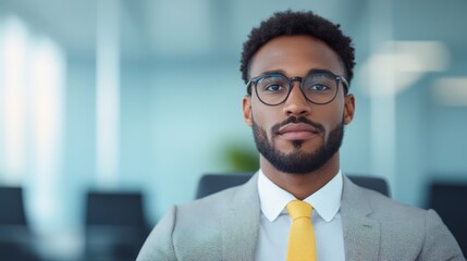 Fototapeta premium Confident young man with glasses showcasing professionalism in modern office setting