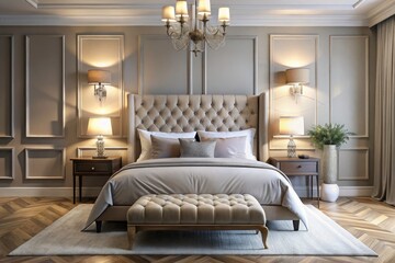 Luxurious Beige Bedroom Interior Design: Tufted Headboard, Grey Walls, White Bedding