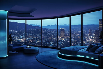 Fototapeta premium Modern Bedroom Interior Design Showcases a Stunning Night Cityscape View through Panoramic Windows