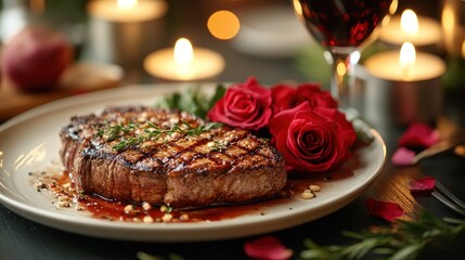 Romantic steak dinner candlelight roses wine