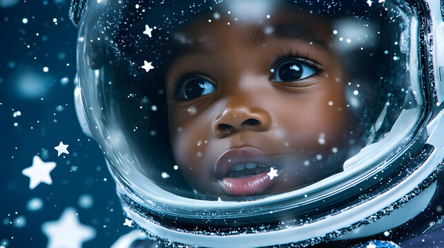 Child Astronaut Gazes at the Starry Sky Through Helmet Visor with Wonder and Excitement