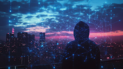 Fototapeta premium Hacker are planning to hack and attack networks and cyber security systems.Smart digital city with connection Innovation network reciprocity over the cityscape