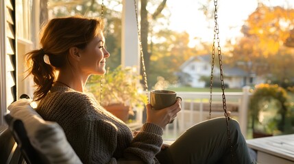 A mother relaxing on a porch swing, enjoying a peaceful morning with a warm drink