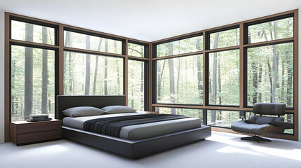 Fototapeta premium Modern Bedroom Interior Showcases a Platform Bed with Forest Views Through Large Windows.