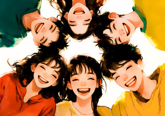 輪になって微笑む若い男女のグループ