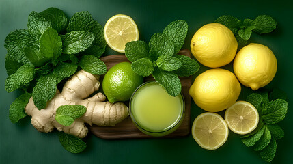 Fresh Juice Ingredients Arranged on a Green Background with Lemons, Ginger, and Mint