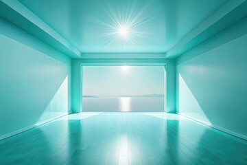 Serene Minimalist Room with Ocean View and Sunlight Streaming Through Large Window