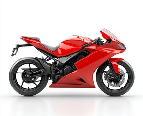 Red modern sport motorcycle isolated on a white background with a reflection, in photorealistic style.