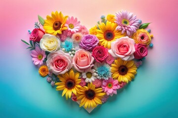 Vibrant Floral Heart Arrangement A Colorful Bouquet of Sunflowers, Roses, and Daisies in a Heart Shape on a Pastel Background