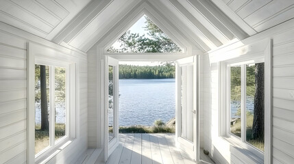 Fototapeta premium White Room Opens to Tranquil Lake View with Lush Greenery and Peaceful Atmosphere