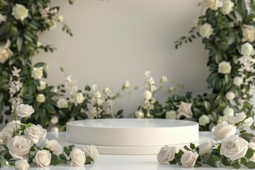 Fototapeta premium Elegant White Rose Floral Arrangement with Display Pedestal