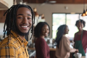 Fototapeta premium A young Black professional with colleagues, smiling for, Generative AI