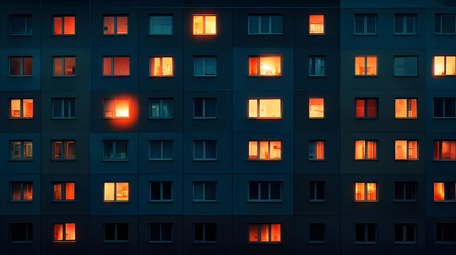 Apartment Building Windows Glow at Night, Revealing Interior Scenes and Warmth