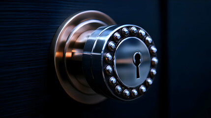 Modern Door Lock Close-up Shows Intricate Security Design with Keyhole and Metallic Finish Perfectly.