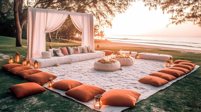 Luxury Beach Lounge Setup Creates a Relaxing Ambiance for Guests at Sunset Gathering