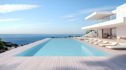 Fototapeta premium Luxury villa with infinity pool overlooks the serene ocean, offering breathtaking panoramic views.