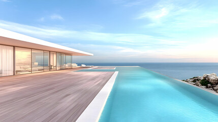 Fototapeta premium Luxury Infinity Pool Overlooks the Tranquil Ocean at Sunset with Modern Architecture
