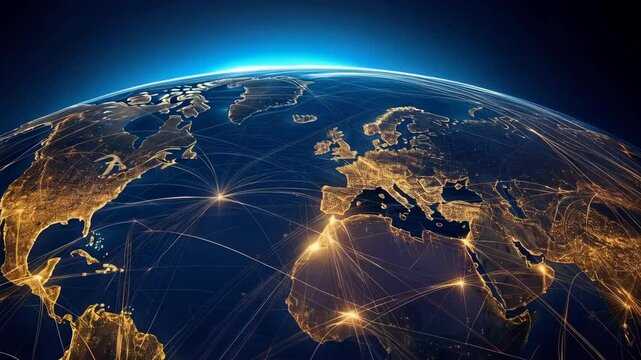 Global network connections spread across an illuminated earth at sunrise