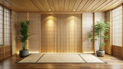 Serene Minimalist Interior Design with Natural Wood Accents and Tranquil Plants