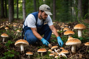 Mushroom forager collects edible fungi in a forest during autumn