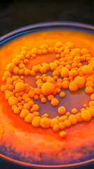 Fototapeta premium Orange Bacterial Colonies Thrive in Petri Dish Culture for Microbiology Research