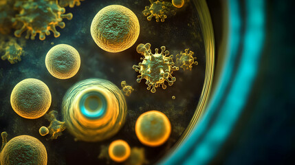 Microscopic View of Virus and Cells Interacting in Petri Dish Under Blue Light