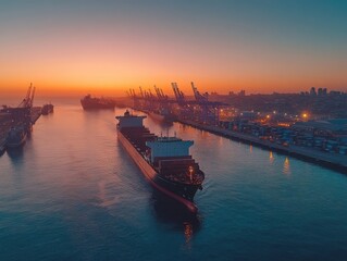 Obraz premium Aerial View of Cargo Ship Navigating Through Calm Water at Sunrise, Port Cranes Silhouetted Against the Colorful Sky in Urban Shipping Environment