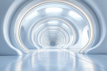 Obraz premium White futuristic tunnel with empty space, symmetrical composition, natural light illuminating the interior, clean and high-end design.