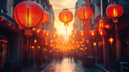Festive lanterns illuminate sunset Chinatown street