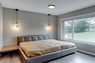 Fototapeta premium Modern Bedroom Showcases a Gray Upholstered Bed with Gold Bedding and Hanging Glass Pendant Lights