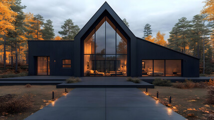 Obraz premium Modern Black A-Frame House Nestled in Autumn Forest at Dusk with Illuminated Interior