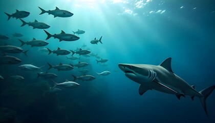 Obraz premium Majestic Shark and Fish School Underwater Scene