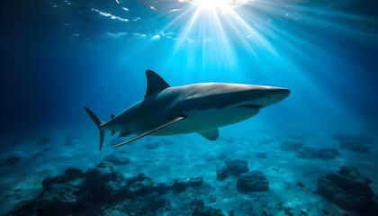 Majestic Shark Underwater Ocean Scene Sunlight Rays
