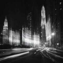 Naklejka premium Cityscape, night, light trails, traffic, skyscrapers, urban, motion blur, architecture, design, advertising