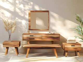 Wooden Furniture Set Complements a Modern Interior Design with Natural Light and Pampas Grass Decor.