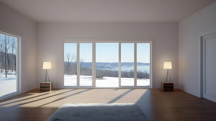 Fototapeta premium Modern Minimalist Room Overlooks a Serene Winter Landscape through Large Windows