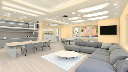 Modern Open-Plan Living Room and Kitchen with Loft Space in a Contemporary Apartment