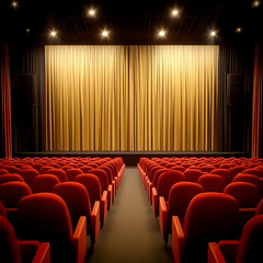 Fototapeta premium Empty Cinema Auditorium Shows Red Seats and Gold Curtains Elegantly Illuminated