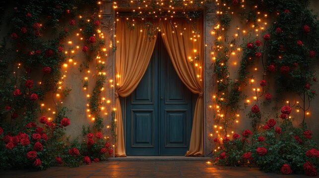 Romantic Italian villa entrance, evening lights, roses, wedding