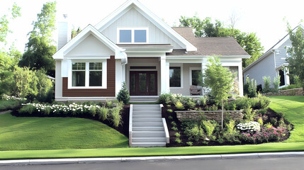 Fototapeta premium Charming Craftsman Home Features a Landscaped Yard with Lush Green Grass and Colorful Flowers.