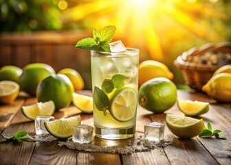 Fototapeta premium Refreshing Homemade Lemonade with Lime: Summer Drink Recipe Photography