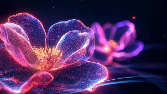 Glowing digital blooms transform with neon elegance in enchanting sequence
