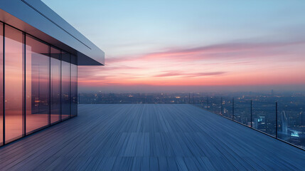 Fototapeta premium Empty rooftop with glass railing overlooking a cityscape at dusk with a beautiful sunset.